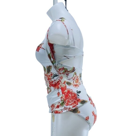 RACHEL ROY Women's 2 Piece Swimsuit Nylon Spandex White Floral Red Size S - Picture 2 of 11
